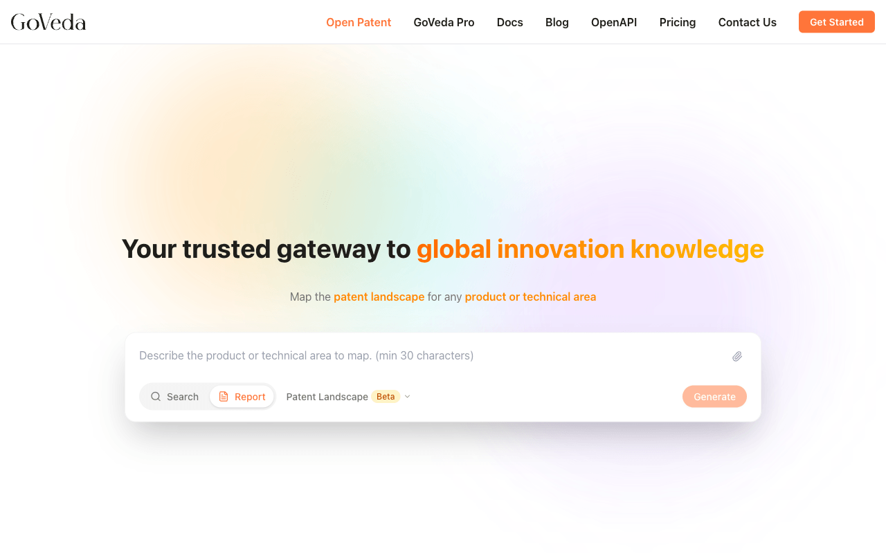 Home page in Patent Landscape mode with the placeholder Describe the product or technical area to map